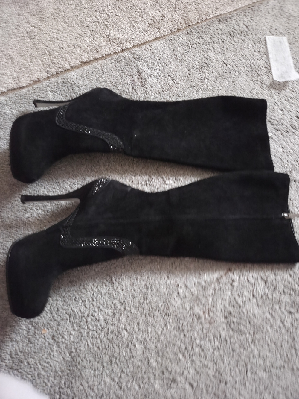 Black Over-the-Knee Suede Platform Boots with Rhinestone Accent